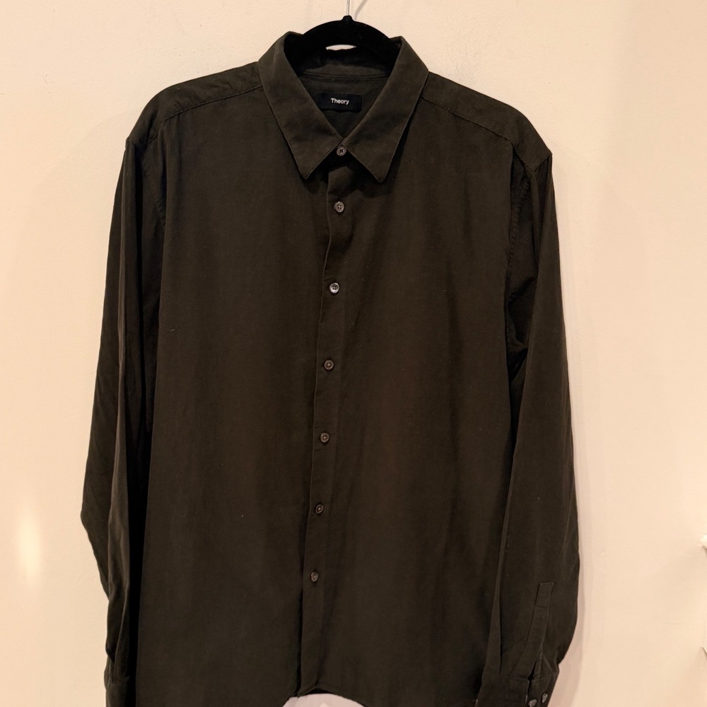 Theory Irving Fine Wale Corduroy Shirt Mens XL Olive Green Cotton Button Down
